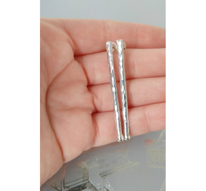 Handmade Sterling silver stud Earrings textured sticks earrings