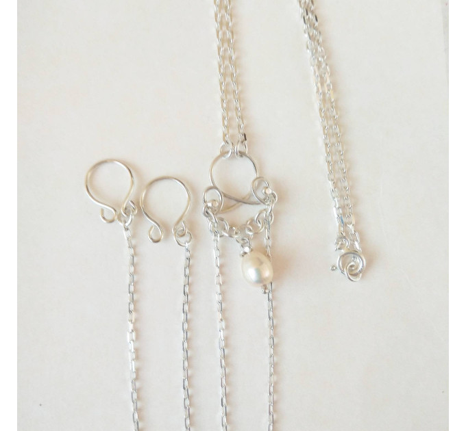 Sterling silver Necklace With Dangling silver Chains and fake nipple piercing - natural peach pearl