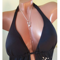 Sterling silver Necklace With Dangling silver Chains and fake nipple piercing - natural peach pearl