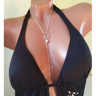 Sterling silver Necklace With Dangling silver Chains and fake nipple piercing - natural peach pearl