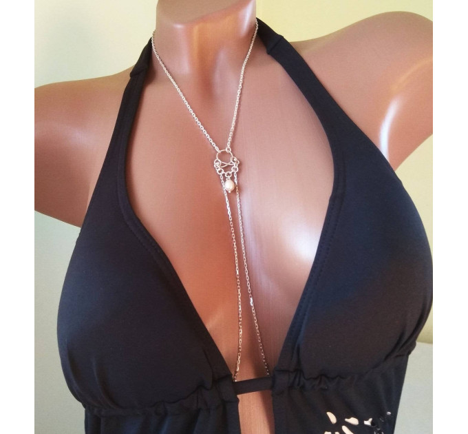 Sterling silver Necklace With Dangling silver Chains and fake nipple piercing - natural peach pearl