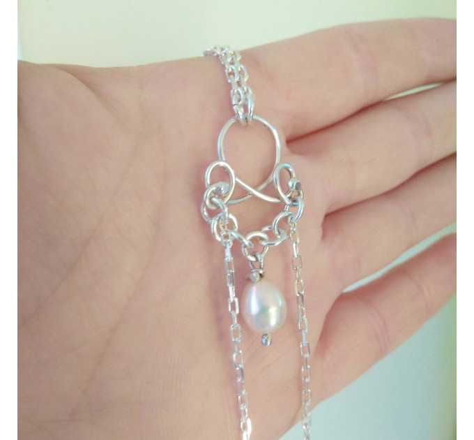 Sterling silver Necklace With Dangling silver Chains and fake nipple piercing - natural peach pearl