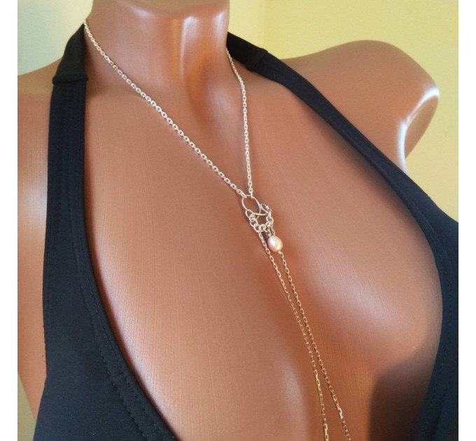 Sterling silver Necklace With Dangling silver Chains and fake nipple piercing - natural peach pearl