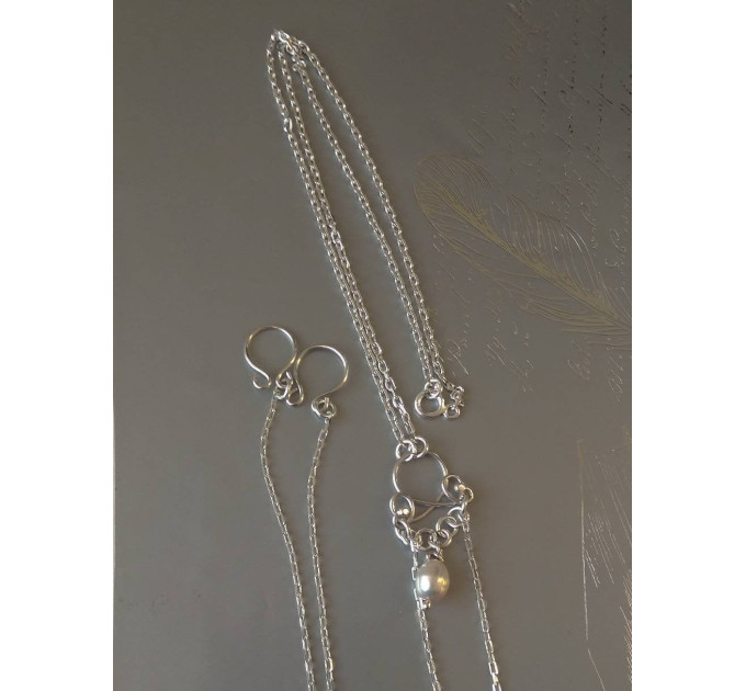 Sterling silver Necklace With Dangling silver Chains and fake nipple piercing - natural peach pearl