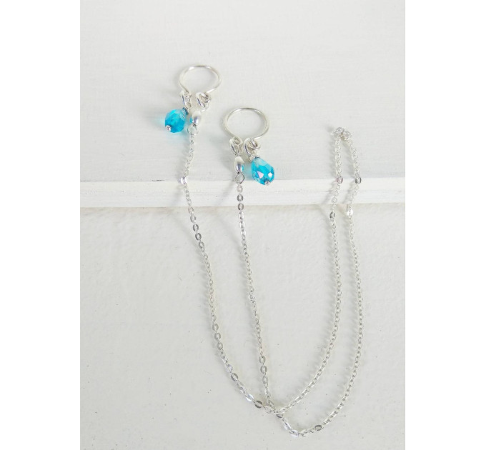 Blue chrystals Silver Nipple rings with chain and blue chrystals -  Non Piercing Nipple Ring