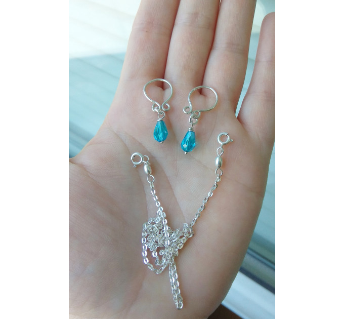 Blue chrystals Silver Nipple rings with chain and blue chrystals -  Non Piercing Nipple Ring