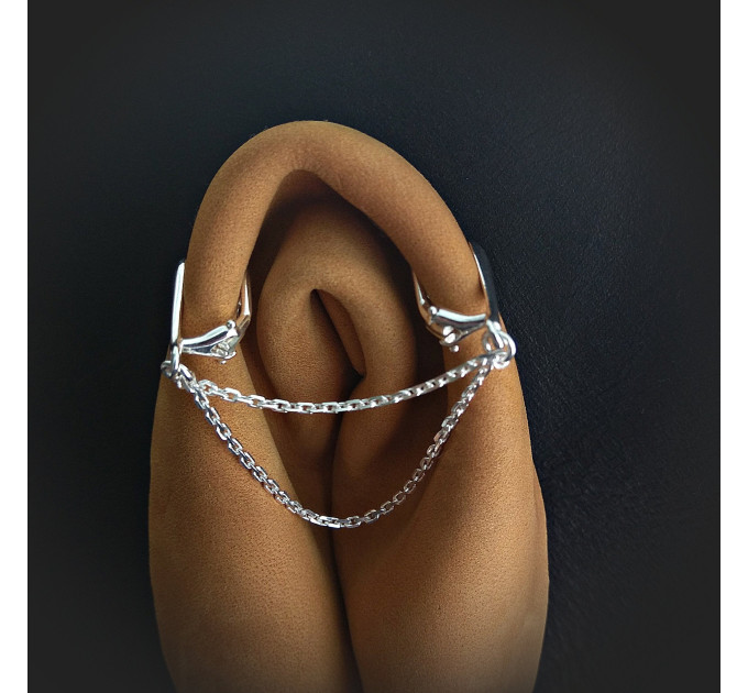 Clitoral Jewellery serling silver Faux piercing  with silver chain  Non Piercing Clit Clip Adult fun sex toys