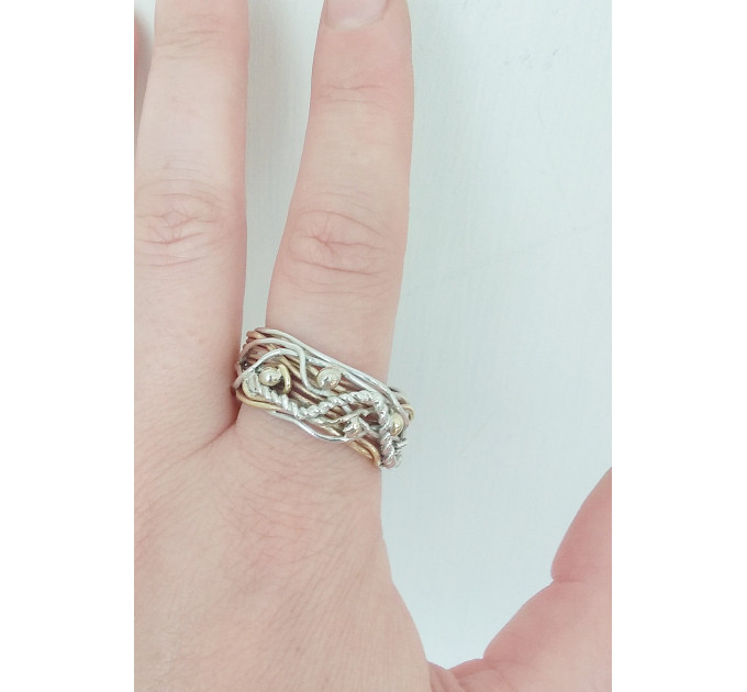 Boho Ring handmade out of silver and brass wire\wirewrap art\ Hippie Ring Wide Ring Free style ring\trend random wrapped ring