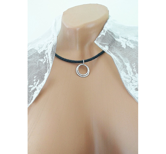 Black leather O ring Choker Necklace with handmade sterling silver hammered rings
