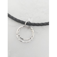 Black leather O ring Choker Necklace with handmade sterling silver hammered rings