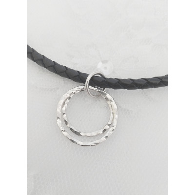 Black leather O ring Choker Necklace with handmade sterling silver hammered rings