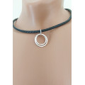 Black leather O ring Choker Necklace with handmade sterling silver hammered rings