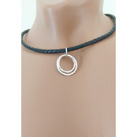 Black leather O ring Choker Necklace with handmade sterling silver hammered rings