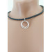 Black leather O ring Choker Necklace with handmade sterling silver hammered rings