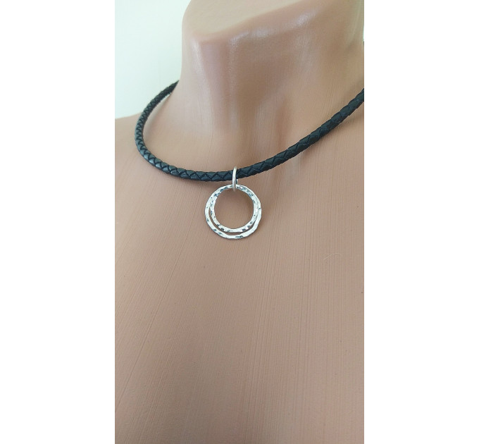 Black leather O ring Choker Necklace with handmade sterling silver hammered rings