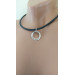 Black leather O ring Choker Necklace with handmade sterling silver hammered rings
