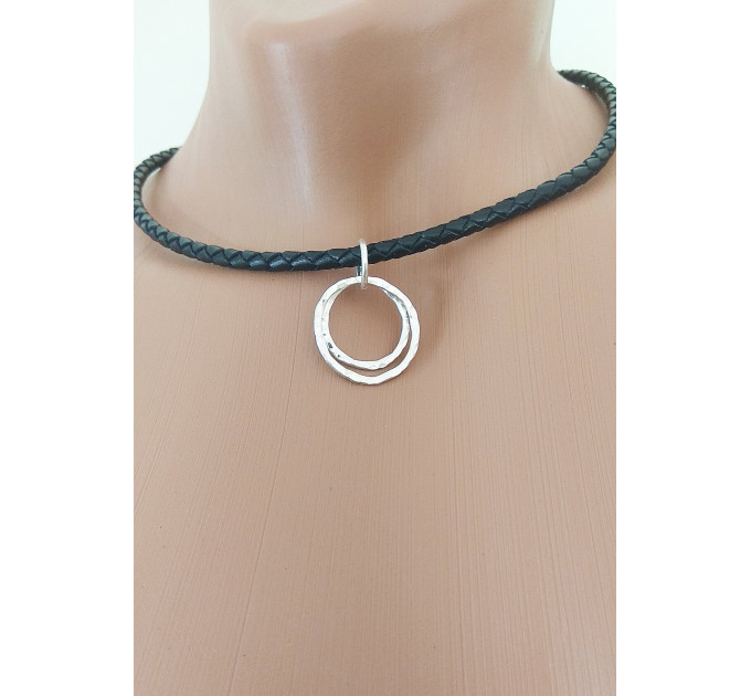 Black leather O ring Choker Necklace with handmade sterling silver hammered rings