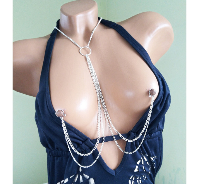 O ring choker with chains and fake nipple piercing  Sexy chain necklace to nipple O-Ring pendant