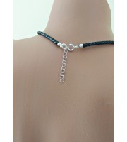 Black leather  Choker With  handmade sterling silver heart Dangling silver Chains and fake nipple piercing