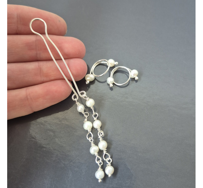 Adjustable Nipple Rings & Fake Christina Piercing Set — Sterling Silver, Natural Pearls