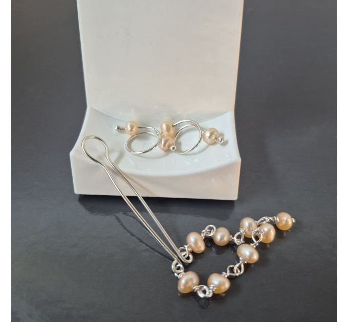 Silver Jewelry Set with Natural Pearls – Handmade Breast Rings and Vagina Clip