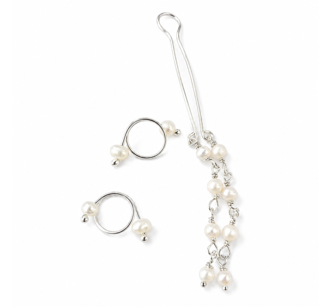 Adjustable Nipple Rings & Fake Christina Piercing Set — Sterling Silver, Natural Pearls