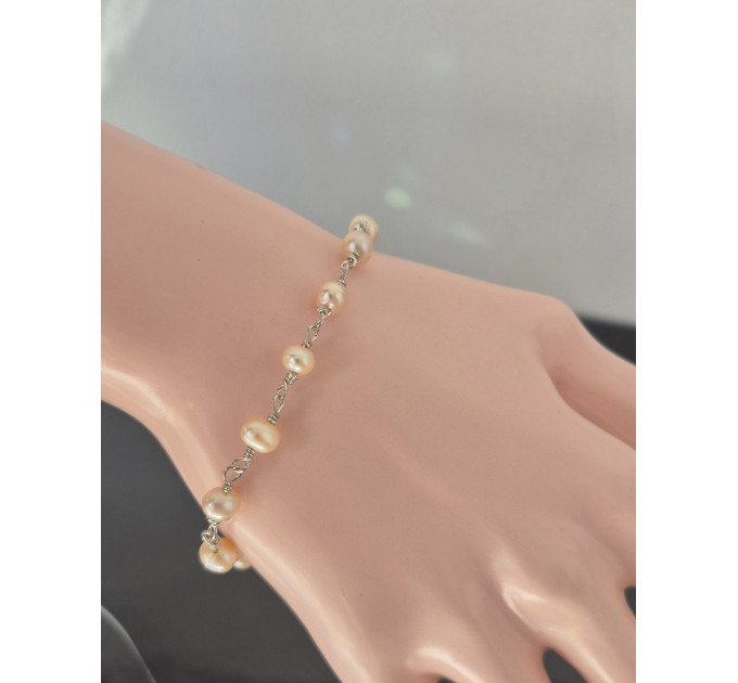 Peach Pearl Bracelet — Sterling Silver Freshwater Pearl Bracelet, Handmade