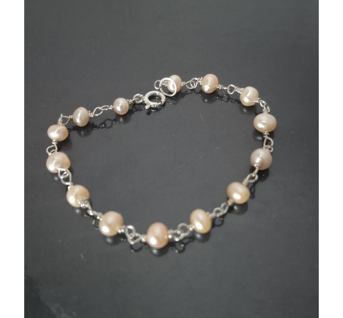 Peach Pearl Bracelet — Sterling Silver Freshwater Pearl Bracelet, Handmade
