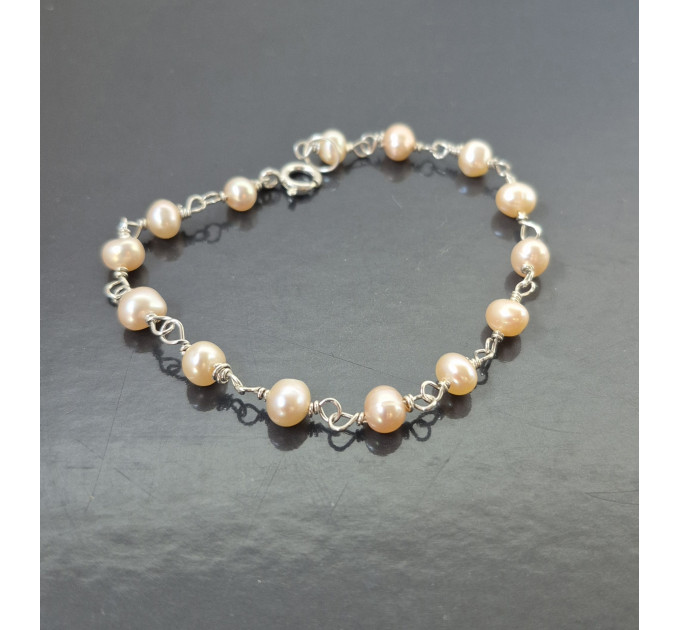 Peach Pearl Bracelet — Sterling Silver Freshwater Pearl Bracelet, Handmade