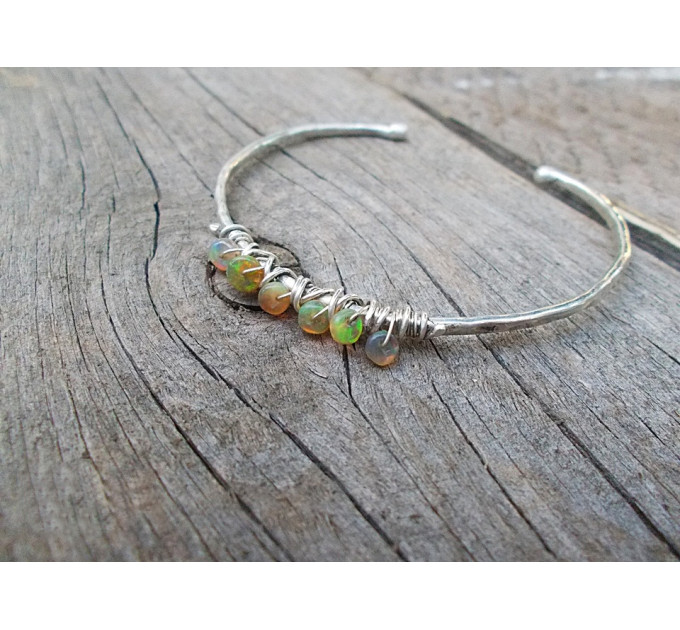 Ember Cuff – Genuine Opal Bracelet, Hammered Sterling Silver Open Cuff
