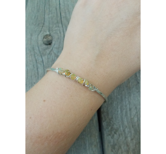Ember Cuff – Genuine Opal Bracelet, Hammered Sterling Silver Open Cuff