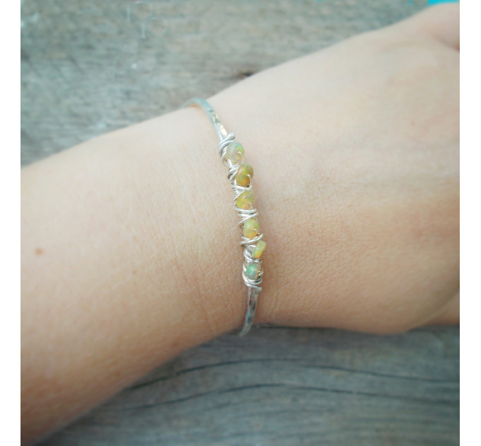 Ember Cuff – Genuine Opal Bracelet, Hammered Sterling Silver Open Cuff