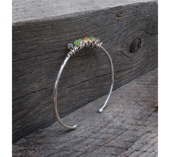 Ember Cuff – Genuine Opal Bracelet, Hammered Sterling Silver Open Cuff