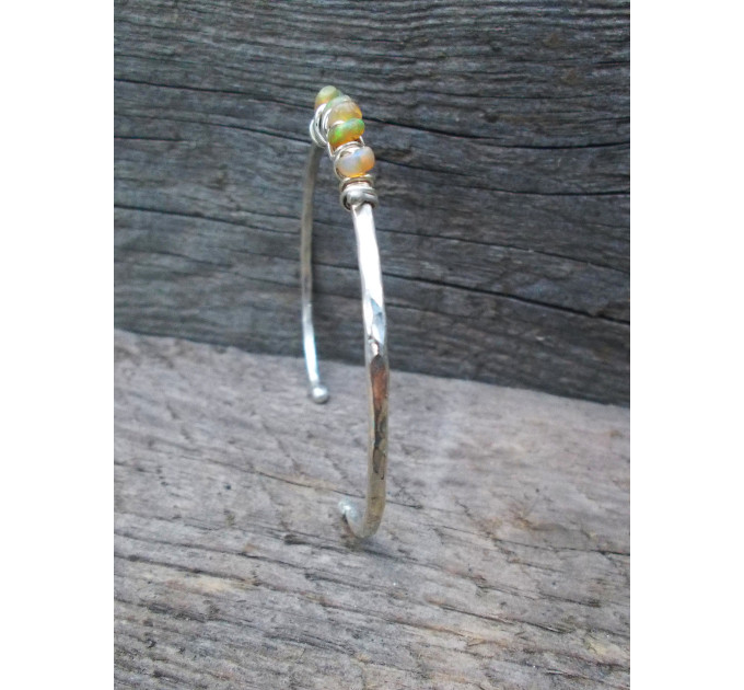 Ember Cuff – Genuine Opal Bracelet, Hammered Sterling Silver Open Cuff