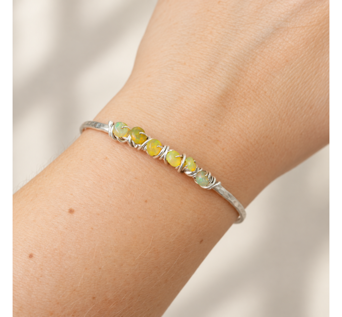 Ember Cuff – Genuine Opal Bracelet, Hammered Sterling Silver Open Cuff