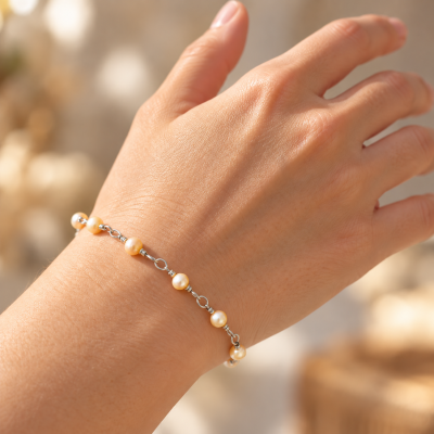 Peach Pearl Bracelet, Sterling Silver 4mm Freshwater Pearls, Handmade Beaded Bracelet, Adjustable Sizes 16-21cm, Dainty Pearl Jewelry Gift