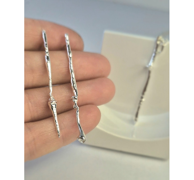 Long Sterling Silver Stud Earrings — Handmade Organic Shape, 4cm