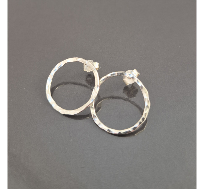 Handmade Open Circle Textured Sterling Silver Stud Earrings