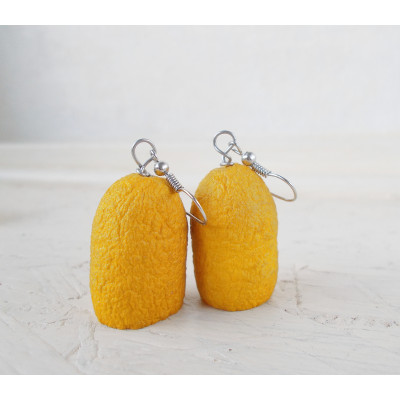 Handmade Yellow Boho Earrings from Silkworm Cocoons | Eco Jewelry with Silver Hooks