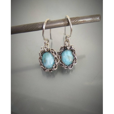 Silver Wire wrap earrings with  larimar