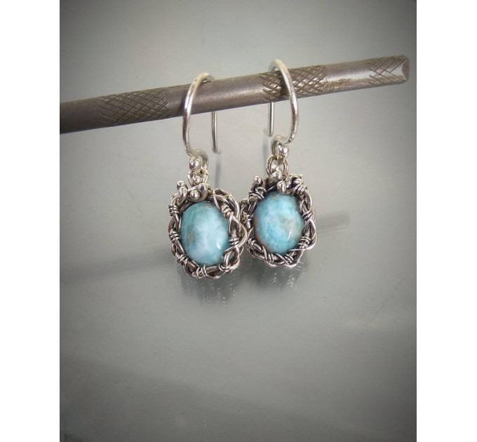 Larimar Wire Wrapped Earrings – Handmade Silver Drop Earrings 