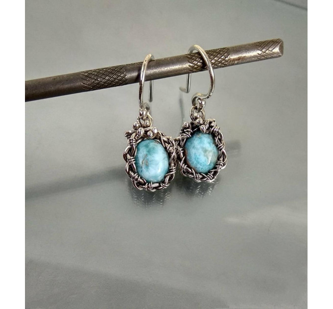 Larimar Wire Wrapped Earrings – Handmade Silver Drop Earrings 
