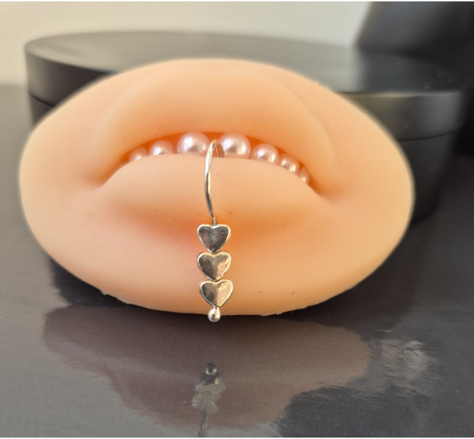 Triple Heart Lip Cuff – Handmade Sterling Silver Fake Lip Ring with Moving Hearts, No Piercing