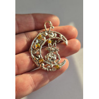 Silver Wire Wrapped Cat on Moon Pendant – Handmade Jewelry