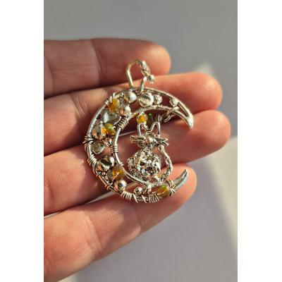 Silver Wire Wrapped Cat on Moon Pendant – Handmade Jewelry