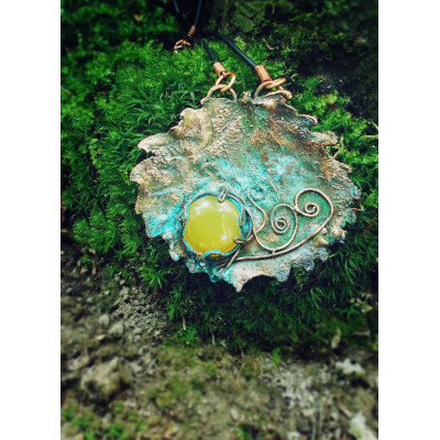 Electroforming leaf necklace  Real Aspen leaf necklace big yellow gemstone Round copper pendant Aspen Leaf pendant  copper pendant, sunrise.