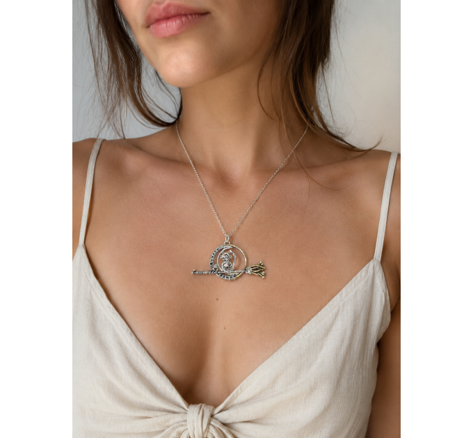 Cat on a Broom Necklace — Sterling Silver Wire Wrap Moon Pendant