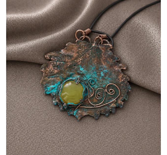 Electroforming leaf necklace  Real Aspen leaf necklace big yellow gemstone Round copper pendant Aspen Leaf pendant  copper pendant, sunrise.