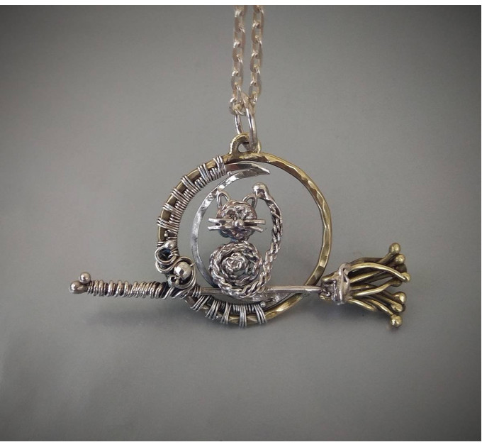 Wire wrapped Cat pendant - Sterling silver and brass