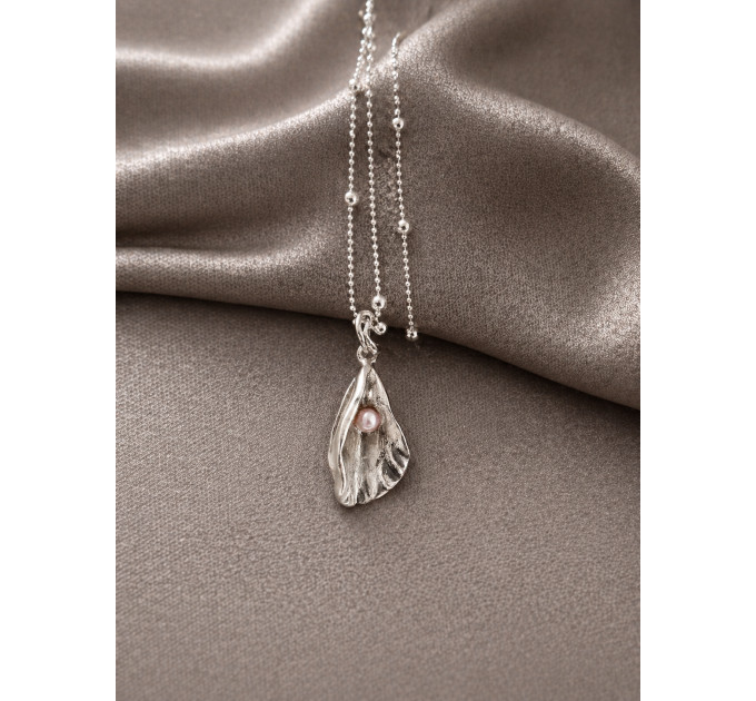 Handmade Fine Silver Yoni Pendant with Natural Pink Pearl